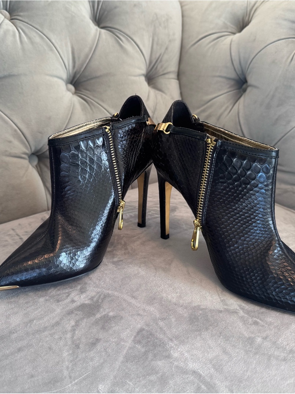 Ted Baker Black Snake-Embossed Pointed Toe Stiletto Booties with Gold Zipper